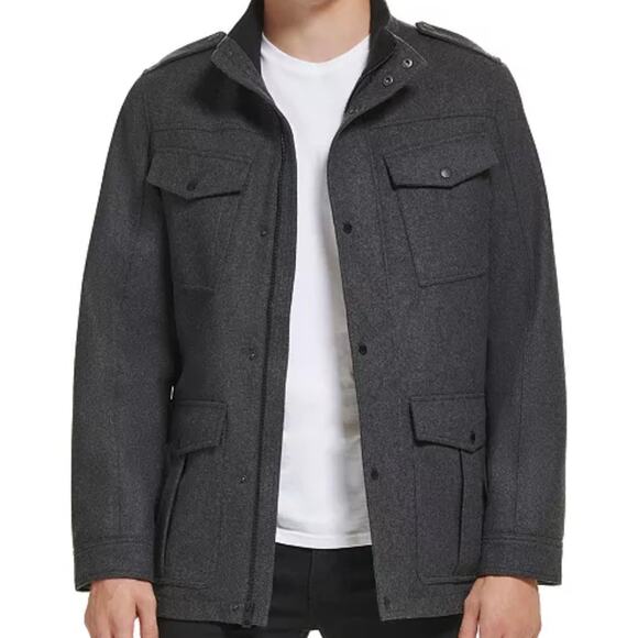 Guess Wool Blend Military Field Jacket Large Mens Coat Quilted Insulated Gray - Picture 2 of 13